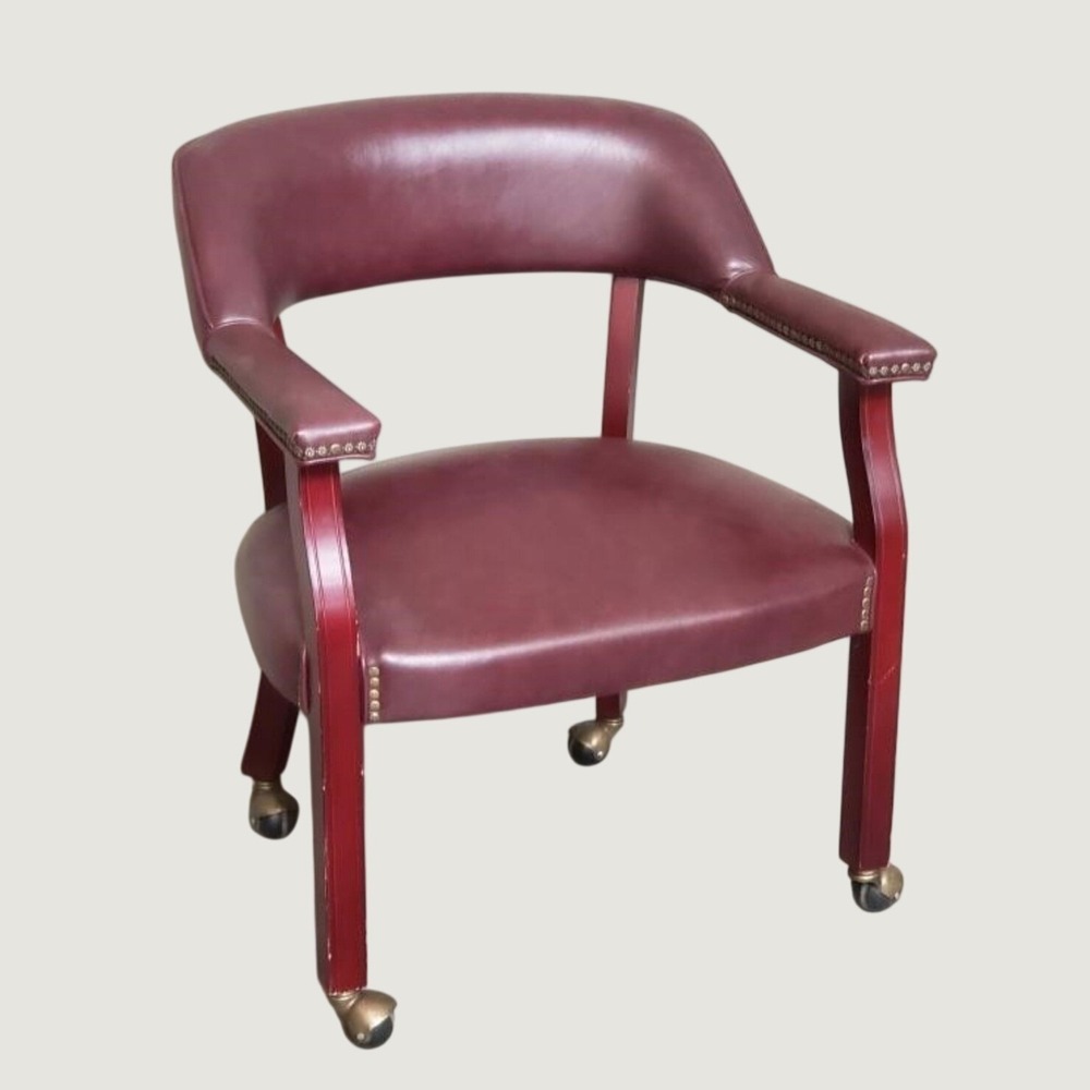 Vintage Burgundy Oxblood Vinyl Desk Arm Chair Nailhead Wood Legs Casters MCM
